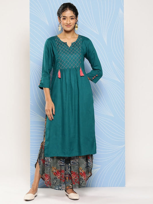 Yufta Women Teal Pleated Kurta with Sharara
