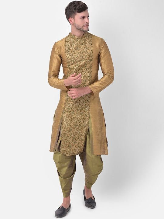 Deyaan Men Brown Printed Panelled Dupion Silk Kurta with Dhoti Pants