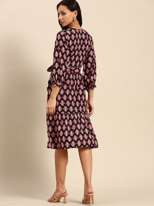 All about you Ethnic Motifs Print Puff Sleeve Midi Dress