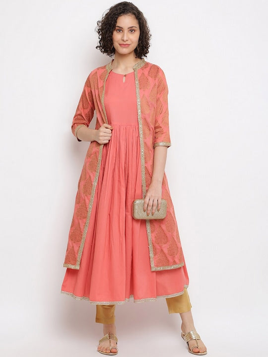 IMARA Keyhole Neck Anarkali Kurta With Ethnic Motifs Woven Design Jacket