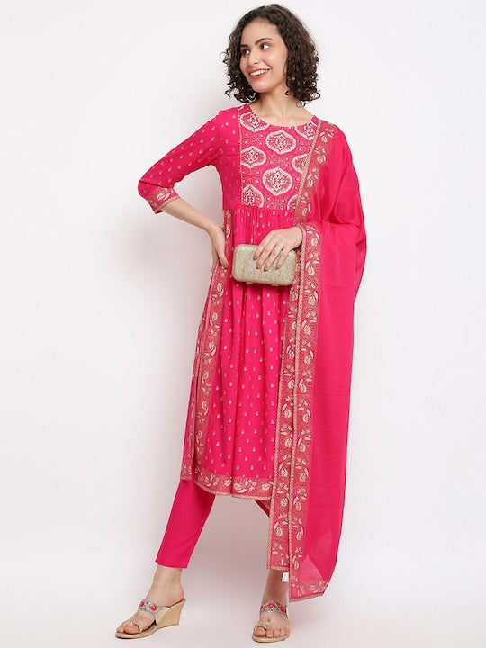 IMARA Ethnic Motifs Printed Pleated Gotta Patti A-Line Kurta with Trousers & With Dupatta