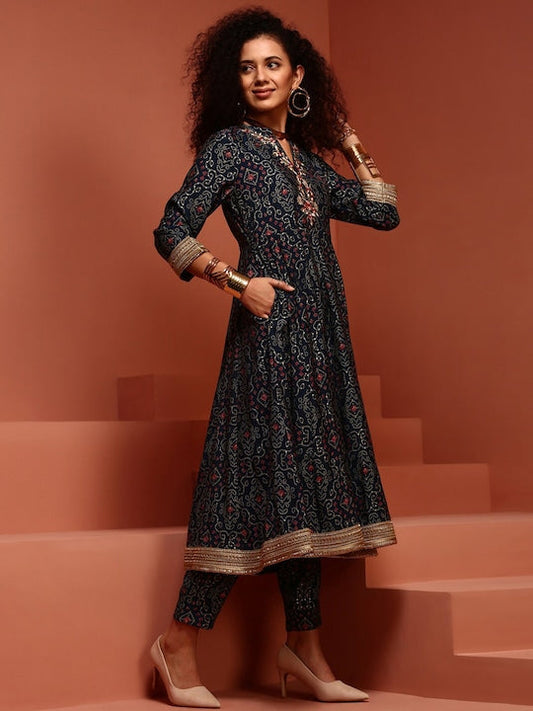IMARA Ethnic Motifs Printed Thread Work Anarkali Kurta with Trousers