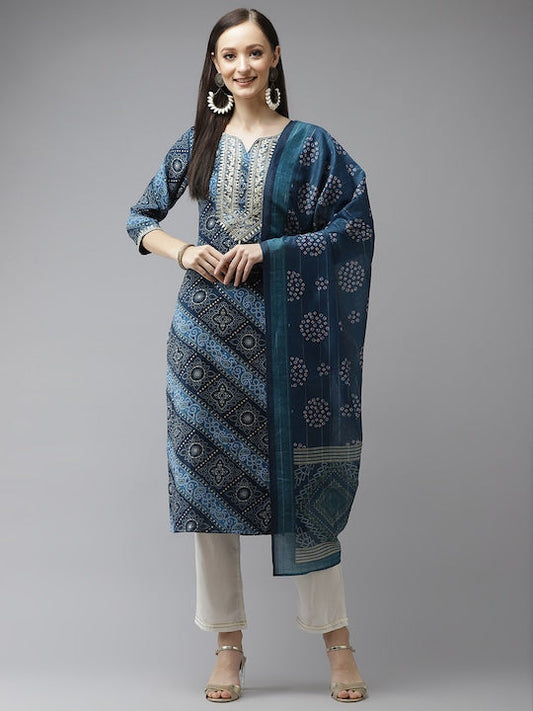 Yufta Women Blue Bandhani Printed Regular Gotta Patti Kurta with Palazzos & With Dupatta