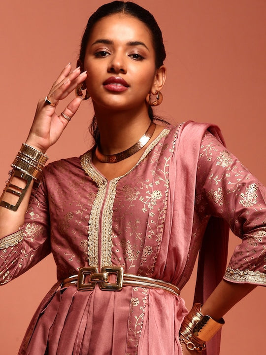 IMARA Floral Printed Zari A-Line Kurta With Palazzos & Dupatta