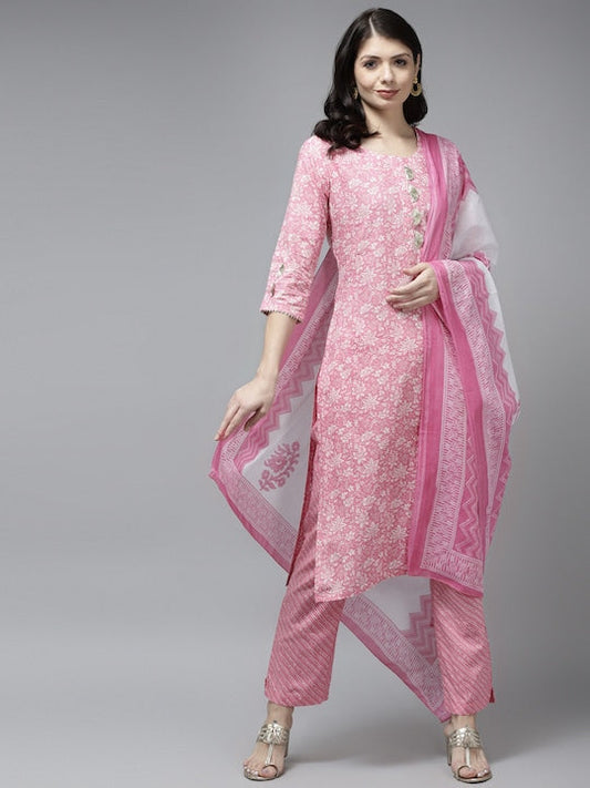Yufta Women Pink Ethnic Motifs Printed Gotta Patti Pure Cotton Kurta with Trousers & With Dupatta - S
