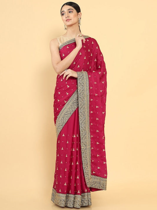 Soch Maroon & Gold Toned Floral Embroidered Pure Chiffon Saree
