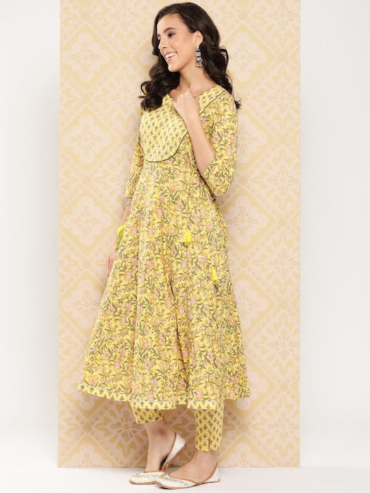 Yufta Floral Printed Anarkali Sequinned Pure Cotton Kurta with Trousers & Dupatta Yellow