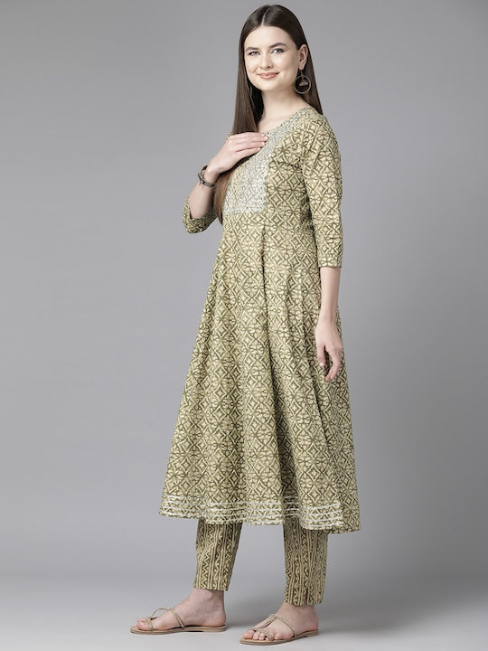 Yufta Ethnic Motifs Printed Regular Sequinned Pure Cotton Kurta with Trousers & Dupatta