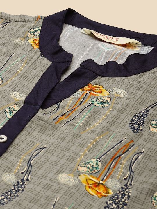 All about you Grey Floral Printed Mandarin Collar Bell Sleeves A-Line Kurta