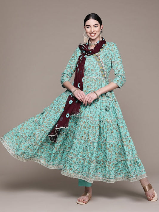Anubhutee Women Turquoise Blue Printed Gotta Patti Cotton Kurta with Trousers & Dupatta