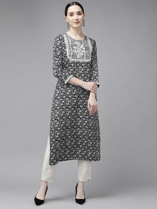 Yufta Women Black & Grey Ethnic Motifs Printed Mirror Work Kurta