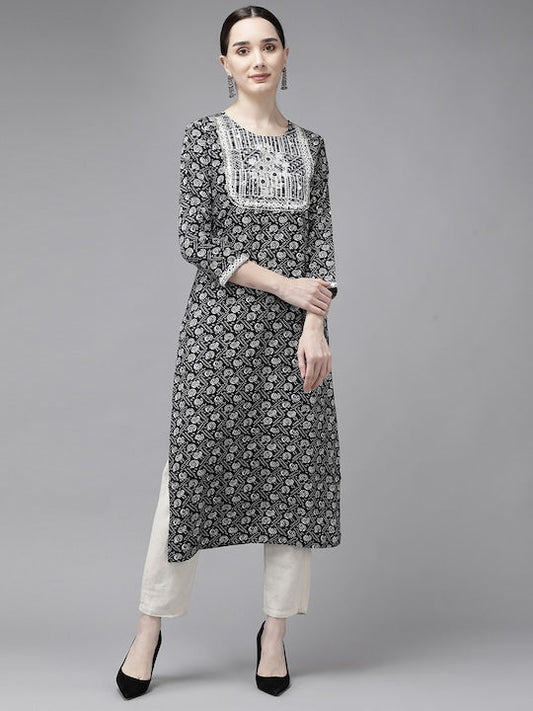 Yufta Women Black & Grey Ethnic Motifs Printed Mirror Work Kurta