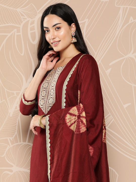 Yufta Ethnic Motifs Yoke Design Regular Kurta with Trousers & Dupatta