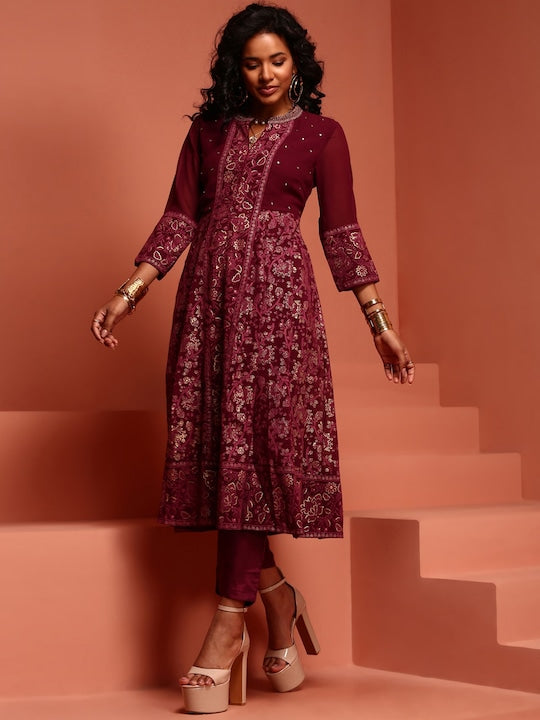 IMARA Ethnic Motifs Printed Mandarin Collar A-Line Kurta With Trousers