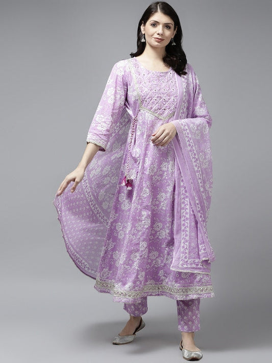 Yufta Women Lavender Ethnic Motifs Printed Pleated Gotta Patti Pure Cotton Kurta with Trousers & With