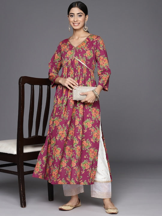 Varanga Women Pink & Orange Floral Printed Sequinned Floral Kurta