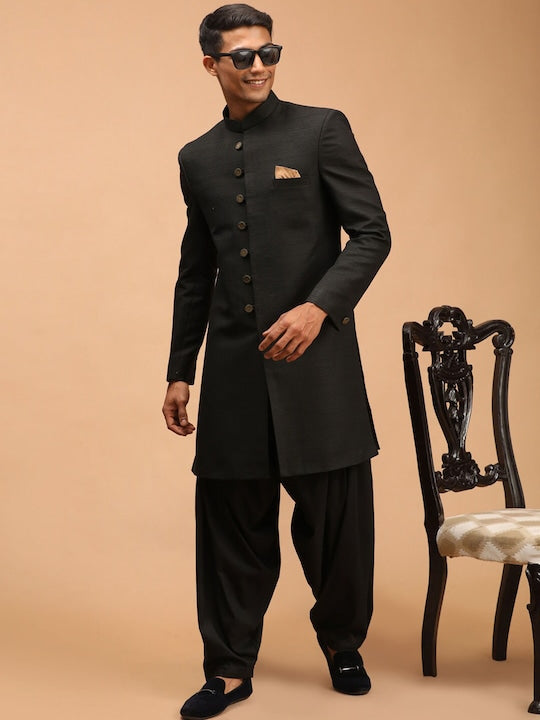 Vastramay Men Black Solid Sherwani Set