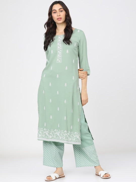 Vishudh Women Green & White Ethnic Motifs Printed Kurta