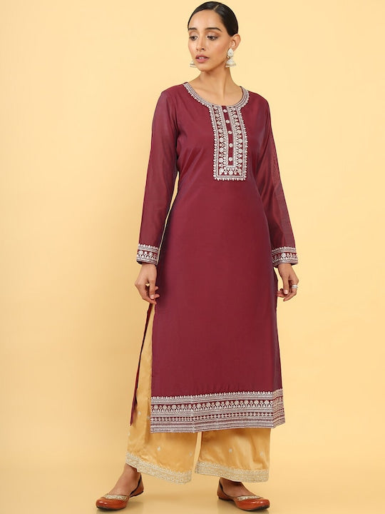 Soch Women Maroon & Silver Toned Floral Chanderi Yoke Design Kurta