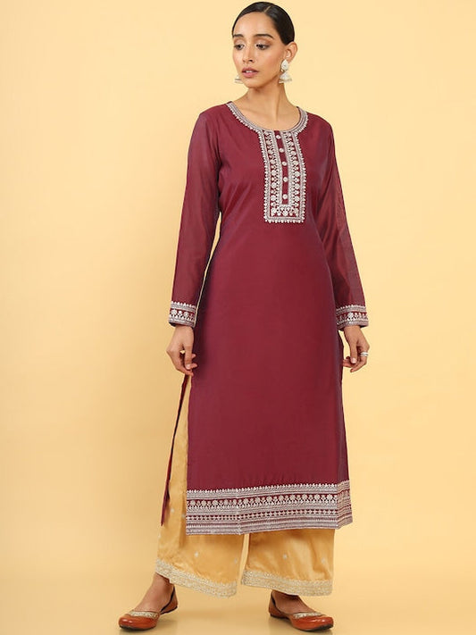 Soch Women Maroon & Silver Toned Floral Chanderi Yoke Design Kurta