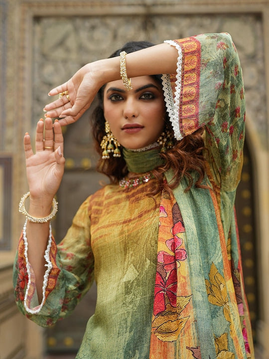 Scakhi Ethnic Motifs Embroidered Mirror Work Silk Crepe Kurta with Trousers & Dupatta