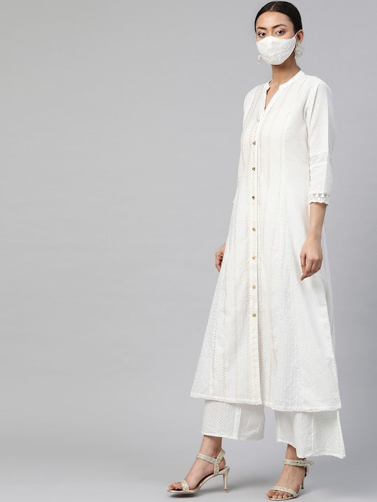 Juniper Women White Beige Dobby Weave Cotton A-Line Kurta Scrunchie