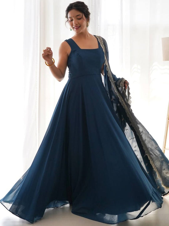 Fusionic Shoulder Straps Gown Ethnic Dresses With Dupatta