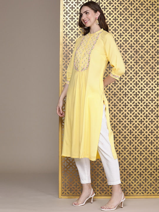 House of Pataudi Jashn Pure Cotton Ethnic Motifs Yoke Design Thread Work Floral Kurta