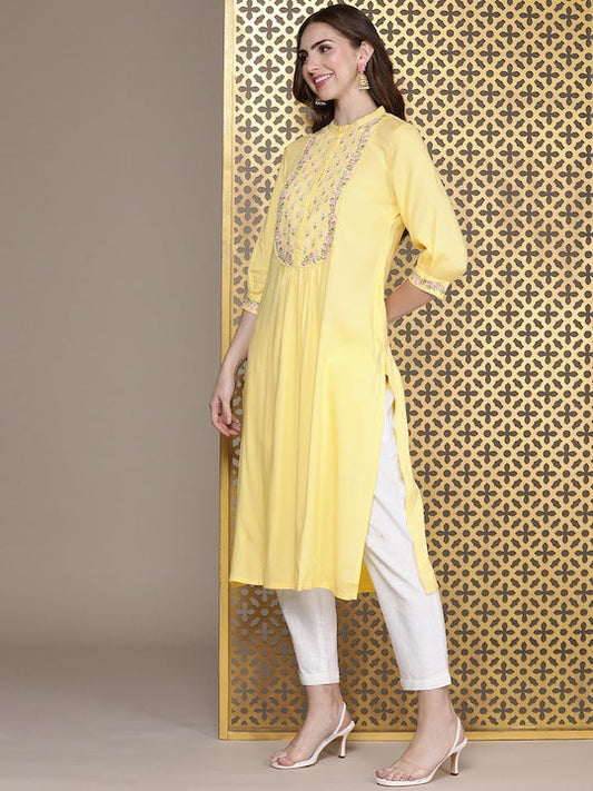 House of Pataudi Jashn Pure Cotton Ethnic Motifs Yoke Design Thread Work Floral Kurta