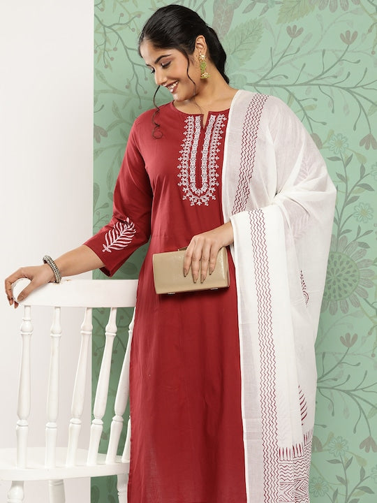 Yufta Plus Size Ethnic Motifs Embroidered Pure Cotton Kurta with Palazzos & With Dupatta Maroon