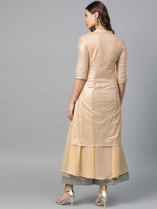 Aurelia Women Beige & Golden Printed Layered A-Line Kurta