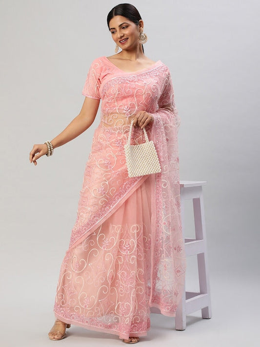 Kasee Floral Embroidered Sequinned Net Saree