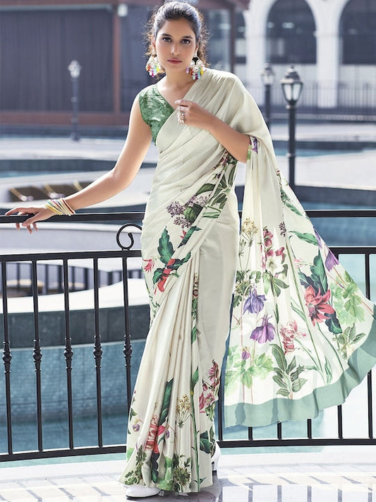 Satrani Cream Coloured Floral Printed Maheshwari Satin Saree