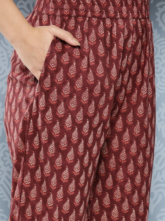 Yufta Floral Printed Regular Gotta Patti Pure Cotton Kurta with Trousers & Dupatta