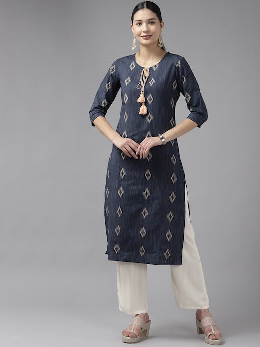 Yufta Women Woven Design Straight Kurta Blue