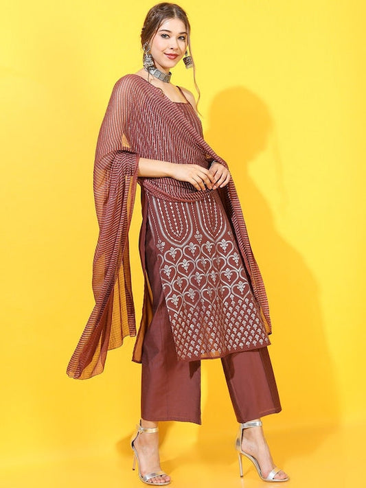 Vishudh Women Maroon Printed Kurta with Palazzos & Dupatta