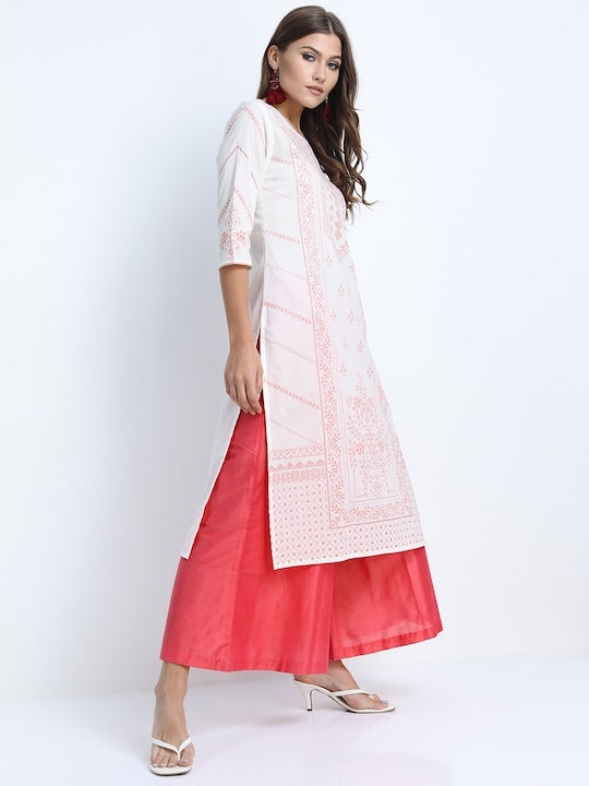 Vishudh Women Cream-Coloured Striped Thread Work Kurta