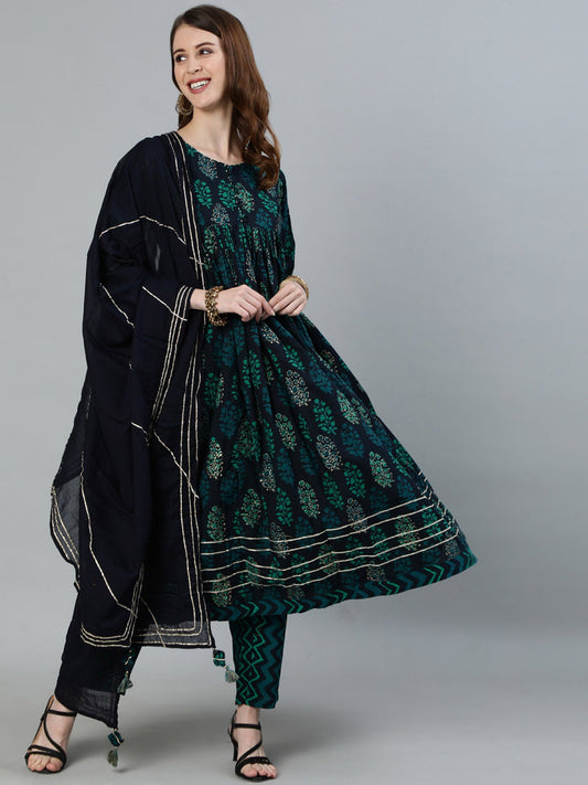 ISHIN Navy Blue Gotta Patti Anarkali Kurta With Trouser & Dupatta (Set of 3)