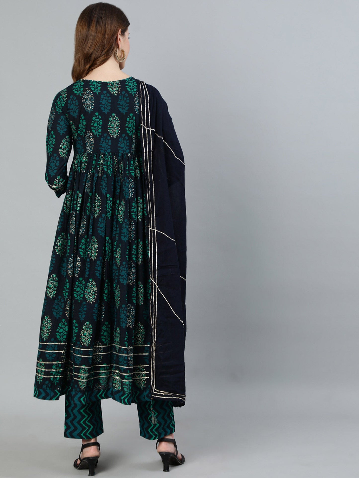 ISHIN Navy Blue Gotta Patti Anarkali Kurta With Trouser & Dupatta (Set of 3)