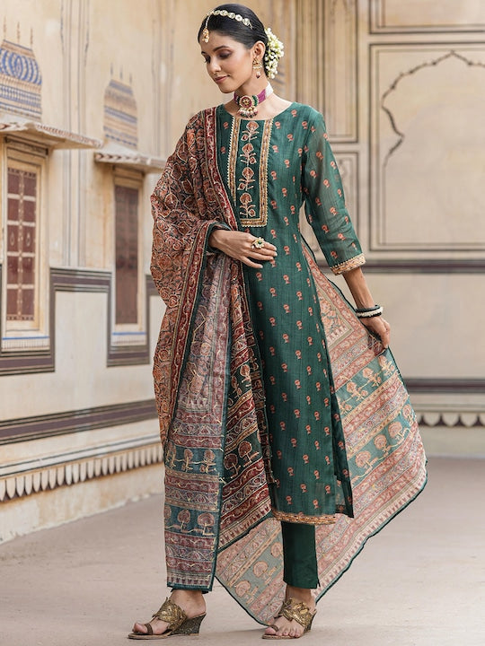 Scakhi Ethnic Motifs Embroidered Chanderi Silk Kurta With Trousers & Dupatta