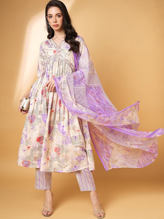 All about you Floral Embroidered V-Neck Straight Kurta With Trousers & Dupatta