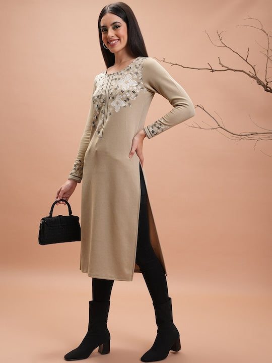 Vishudh Beige Floral Printed Long Sleeves Straight Kurta