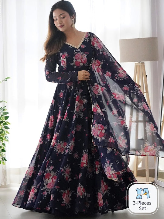 Fusionic Floral Printed V-Neck Gown Ethnic Dresses With Dupatta