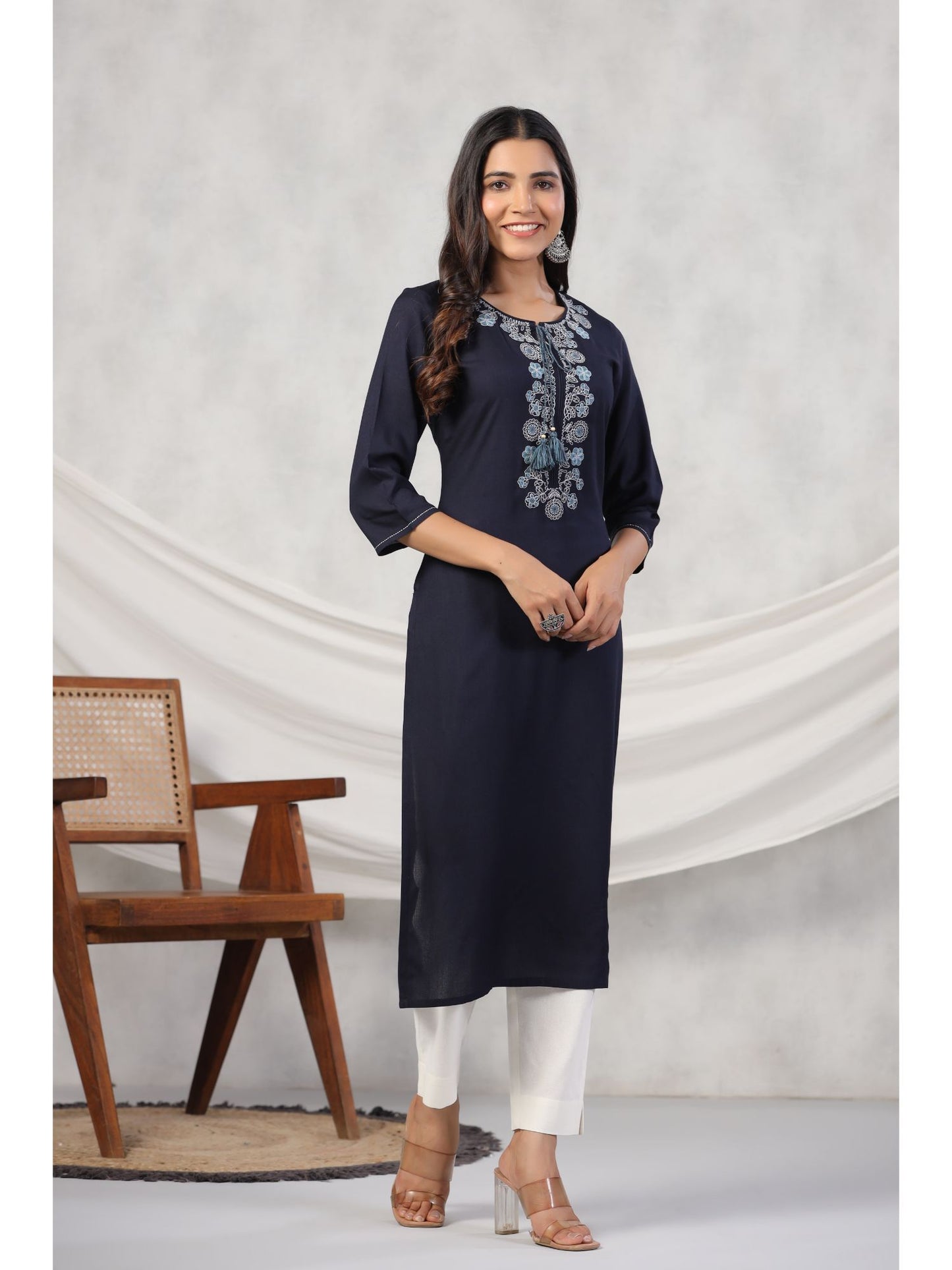 PIROH Womens Rayon Solid Straight Kurta - Navy Blue