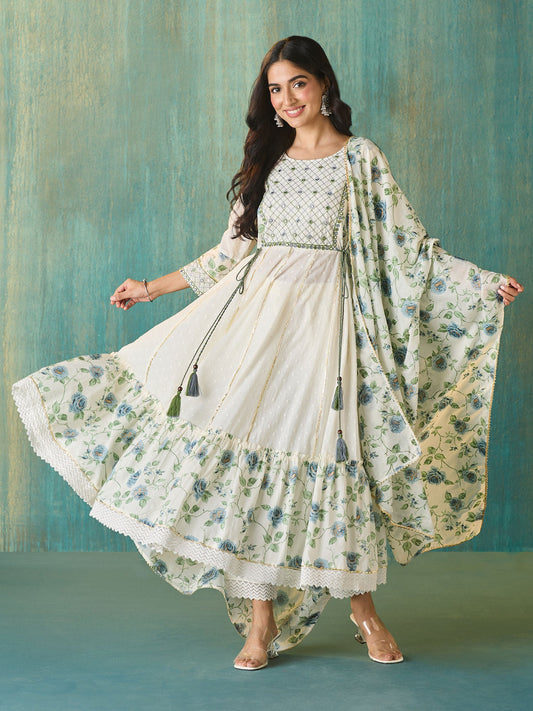 Likha White Schiffli Mirror Work Anarkali Set and Dupatta LIKSKD166 (Set of 3)