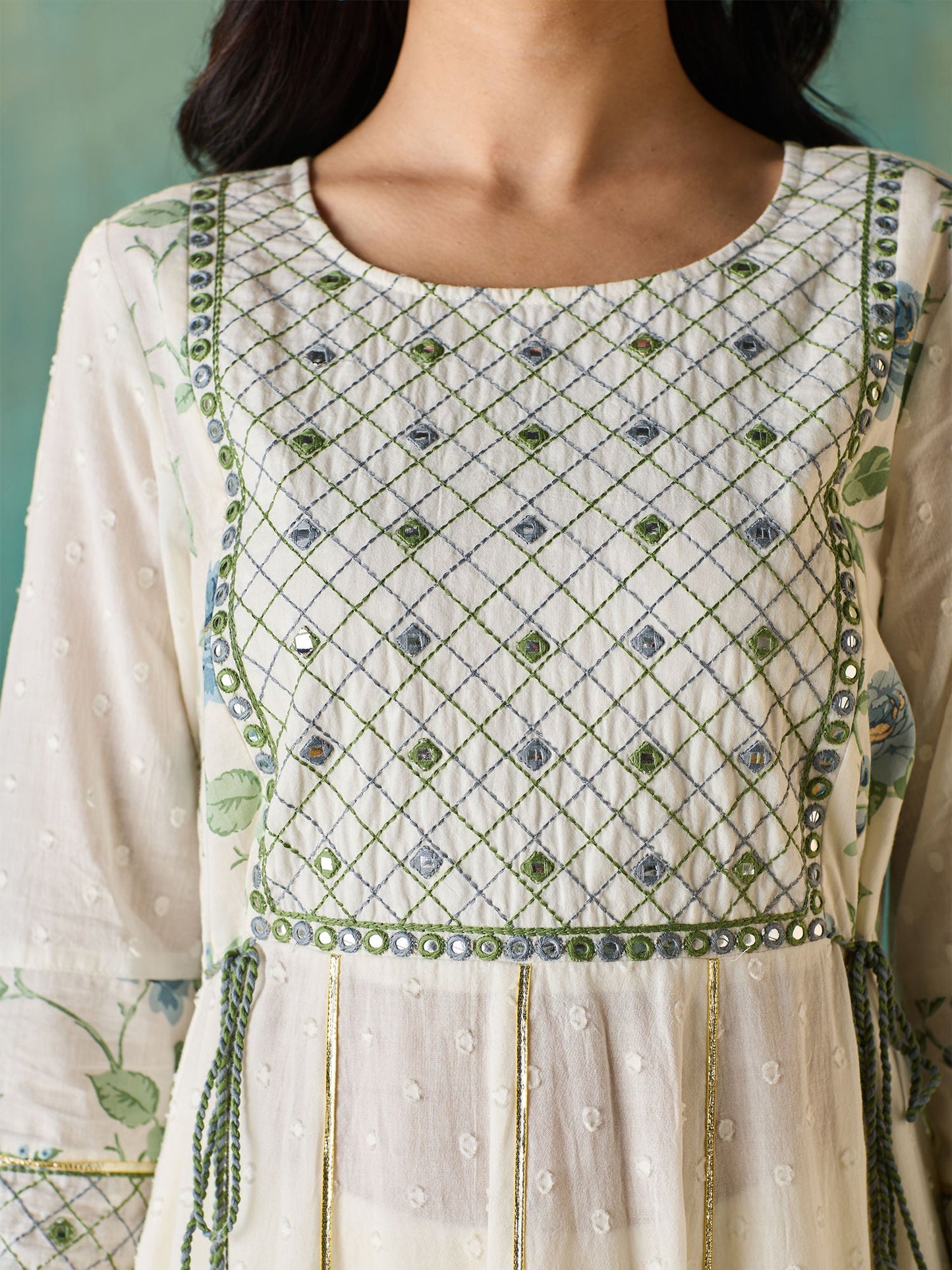 Likha White Schiffli Mirror Work Anarkali Set and Dupatta LIKSKD166 (Set of 3)
