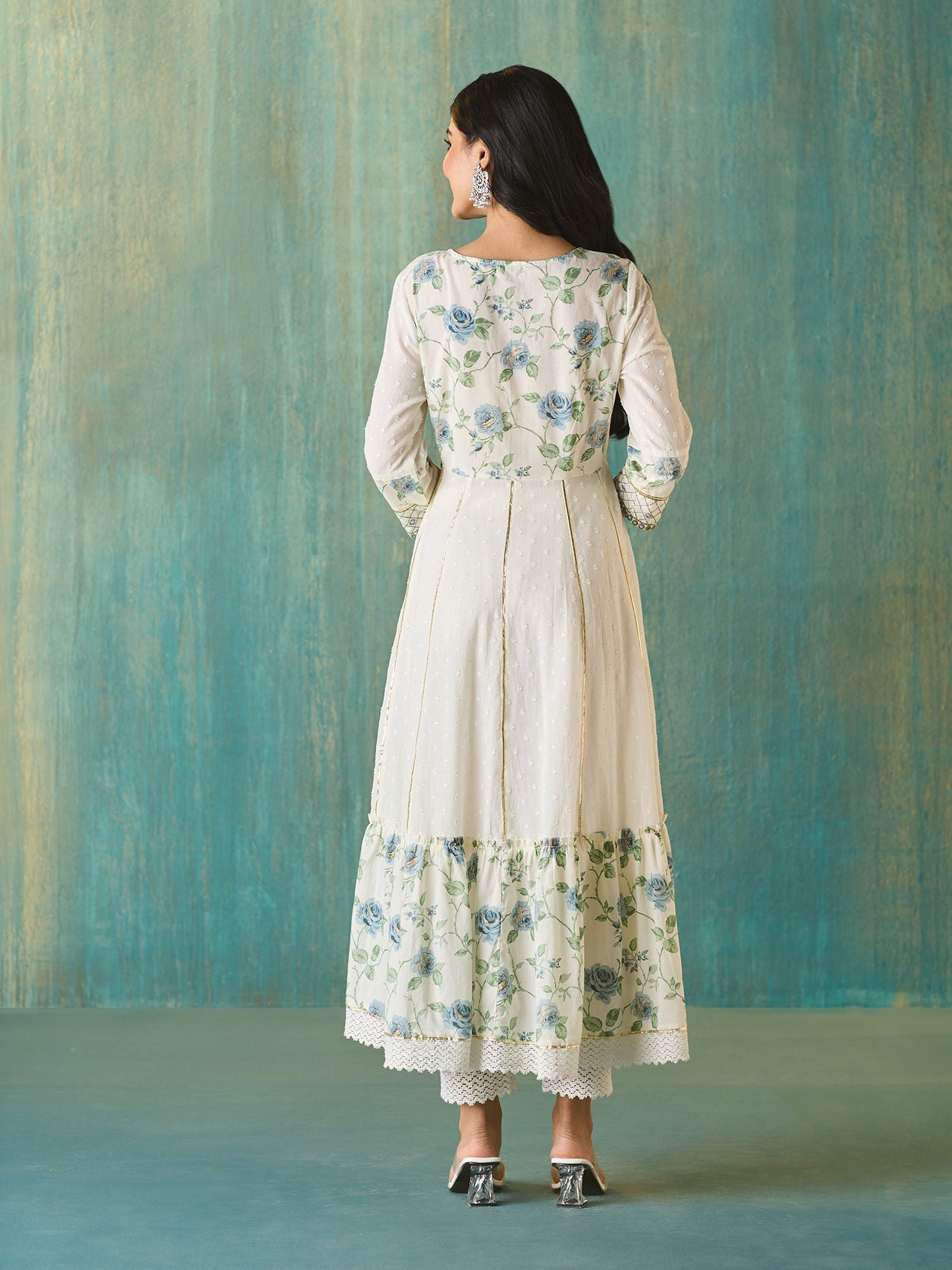 Likha White Schiffli Mirror Work Anarkali Set and Dupatta LIKSKD166 (Set of 3)