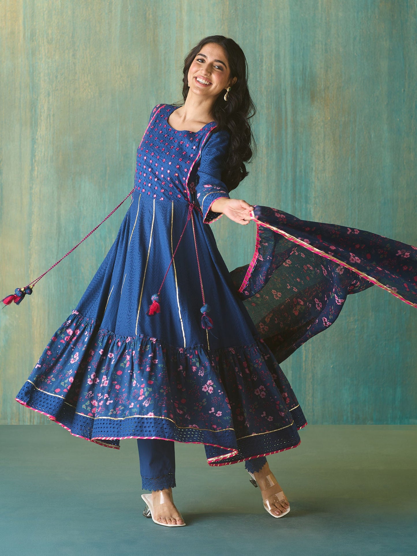 Likha Blue Schiffli Mirror Work Anarkali Set and Dupatta LIKSKD166 (Set of 3)