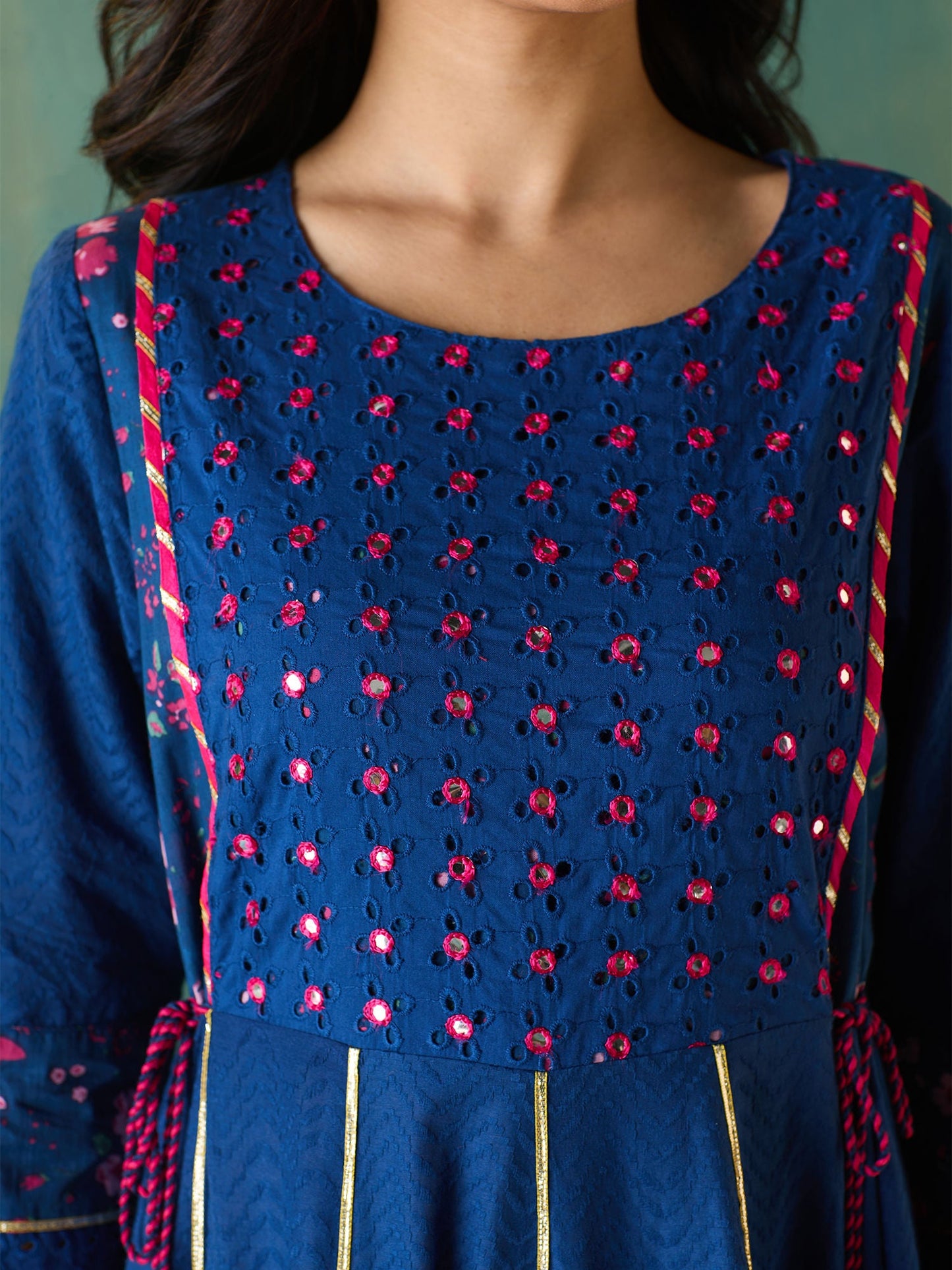 Likha Blue Schiffli Mirror Work Anarkali Set and Dupatta LIKSKD166 (Set of 3)