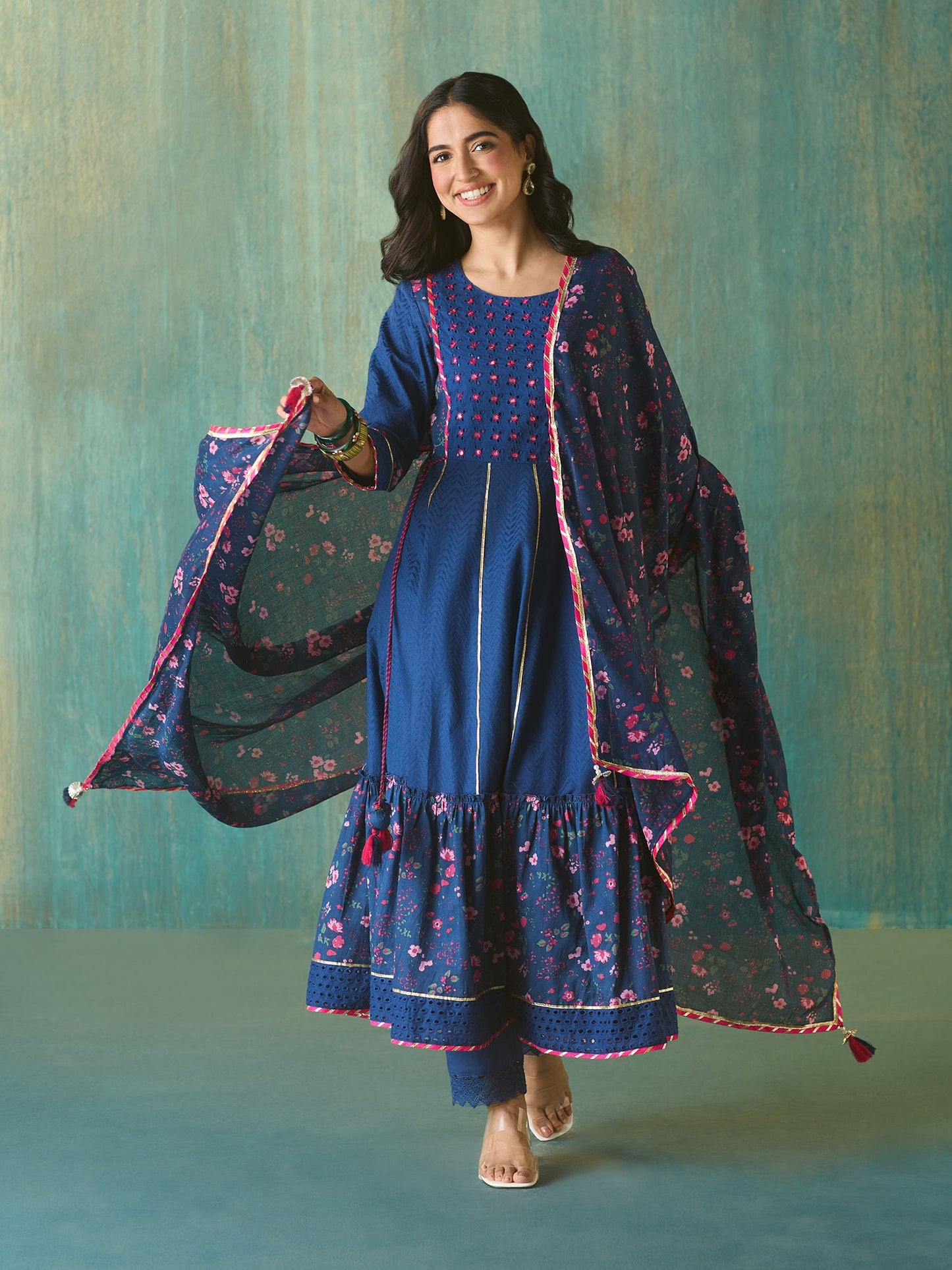 Likha Blue Schiffli Mirror Work Anarkali Set and Dupatta LIKSKD166 (Set of 3)